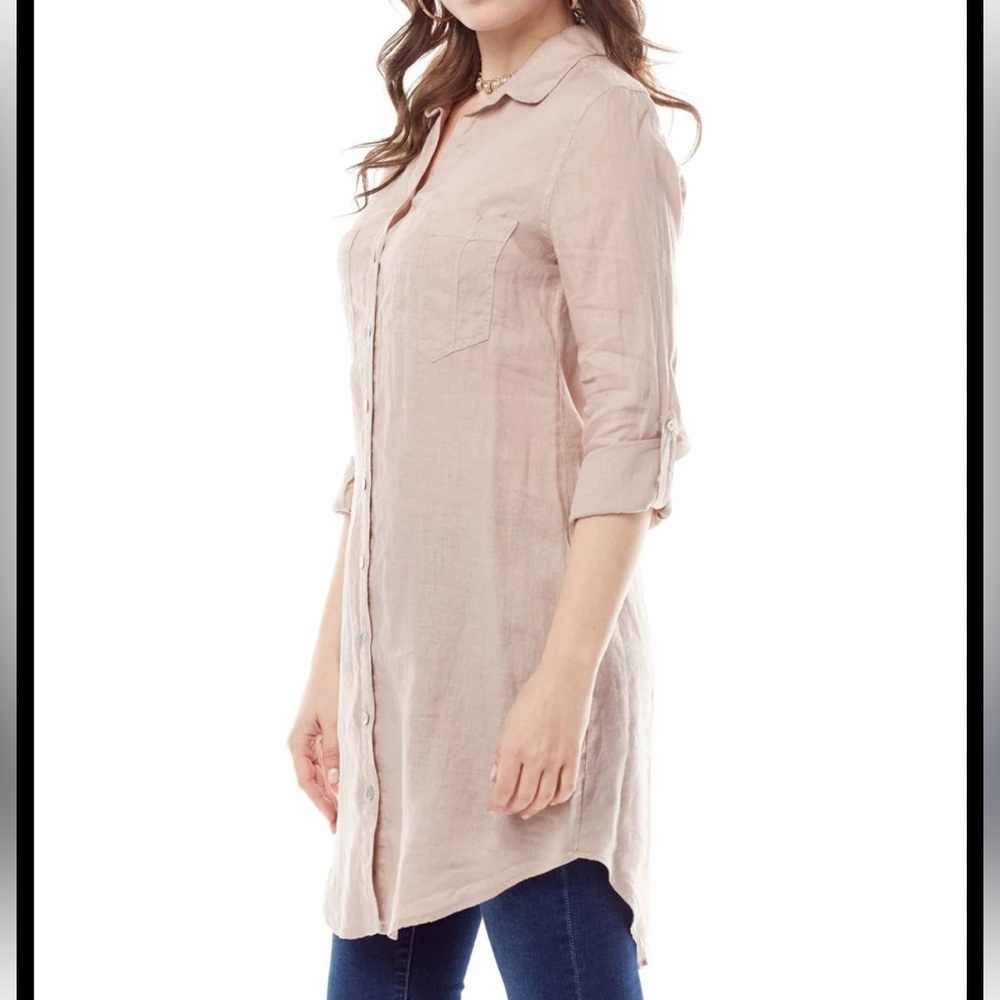 Tianello Linen Savoir Dress Button Up Shirt Dress Size Small Color Slate‎ NWOT
